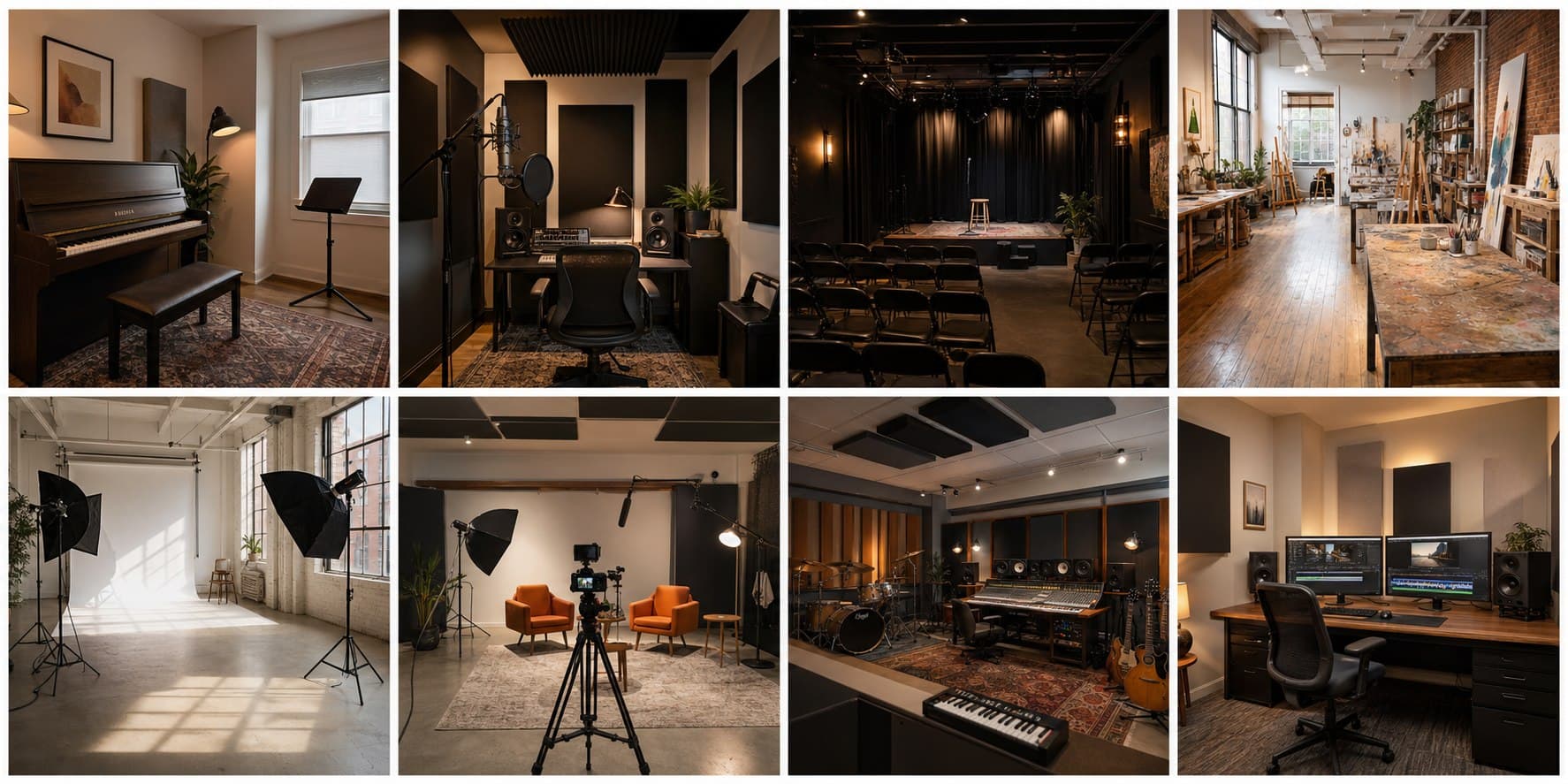 Concept collection of music, art, photography, stage, recording, and editing spaces